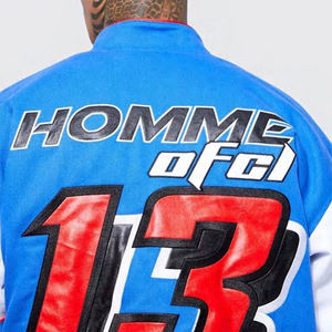 Nueva chaqueta de moto de cuero con estampado retro de color azul OEM, chaqueta de carreras de cuero con parche de logotipo OEM para hombre - Product Image 6