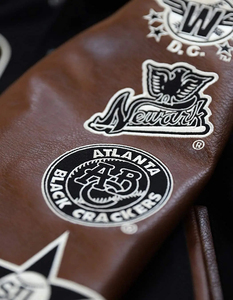 Men's Black Waterproof Varsity Jacket Brown Leather Sleeves Embroidered Patches 2025 N Logo Front Design Turn-down Collar Horn - Product Image 5