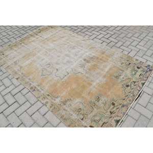 Tapis en laine turque vintage de 4.7x7,8 pieds, tissage plat en patchwork beige et vert pour les décorations de salon avec support en latex - Product Image 3