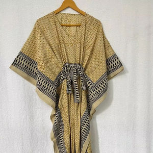 ผ้าฝ้ายอินเดียทำด้วยมือชุดคลุมยาวคอวียาวสำหรับใส่ไปงานเลี้ยงพิมพ์ลายด้วยมือยาวคลุมพื้น - Product Image 1