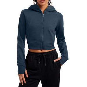 Hoodie court oversize tendance de haute qualité, couleur unie, personnalisé, à fermeture éclair, épaules tombantes, manches longues, pour femme - Product Image 1