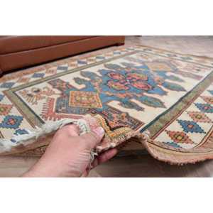 พรมวินเทจขนาด 5.9x7.9 ฟุต สีน้ำเงินลายปะติดปะต่อแบบตุรกี ทำจากขนสัตว์ - Product Image 3