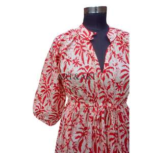 Vestido Midi de Punto 100% Algodón para Mujer, Estilo Bohemio Vintage con Estampado Floral, Manga Larga, Cuello en V, Mangas Abullonadas, Silueta en Línea A - Product Image 4