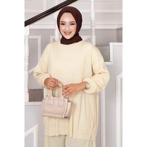 Cuello Redondo Casual Hijab Traje De 2 Piezas Beige - Product Image 2