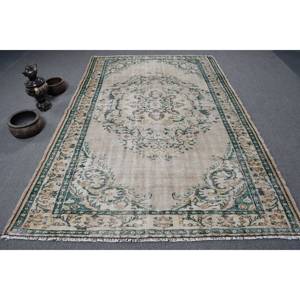 Alfombra Turca Clásica Vintage, Tapete Rectangular con Respaldo de Látex, Color Beige y Verde, Hecho a Mano, 6x9 Pies - Product Image 1