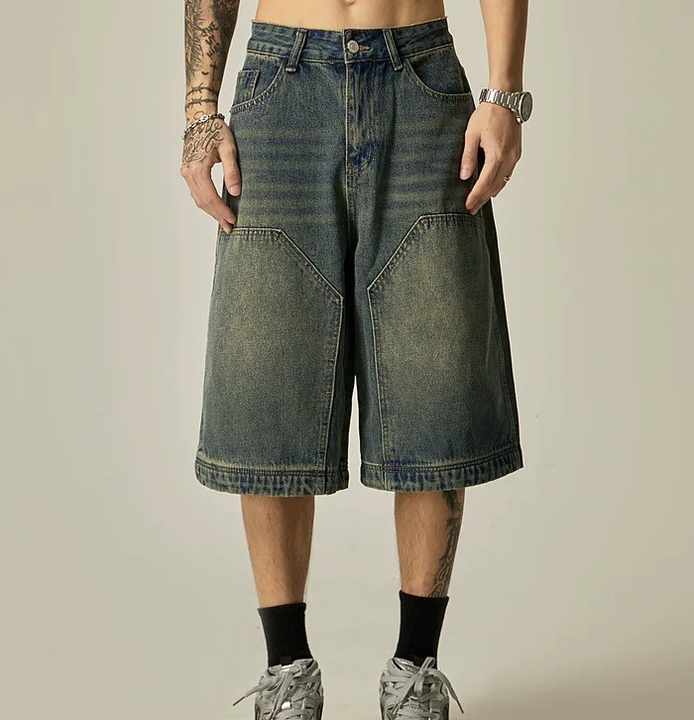 Wholesale Men's Shorts Customized LOGO Distressing Applique Embroidery Stitching Blue Washed Denim Shorts for Men