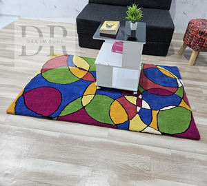 Tapis moderne multicolore funky 100% laine pure, fait main, très résistant, lavable, antidérapant, taille personnalisable pour la maison - Product Image 1