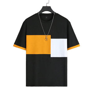 T-shirt élégant pour hommes Noir Orange Blanc Color Block Design Casual Modern Breathable Cotton O-Neck Digital Printing for Men - Product Image 1