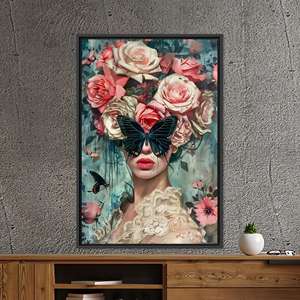 Toile imprimée avec motif floral et papillon pour femme, portrait surréaliste, art mural, encadré noir - Product Image 1