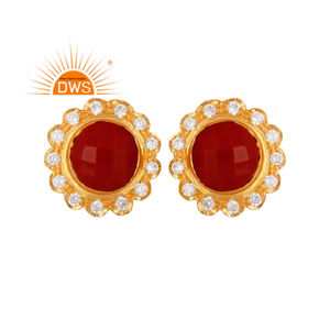 Último diseño hecho a mano 18K chapado en oro natural Cz y Coral piedra preciosa Stud pendiente Demi joyería fina fabricante - Product Image 1