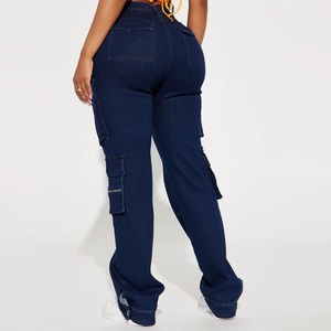 Jeans de Cintura Alta de Diseñador, Gran Venta, Multibolsillos, Azul Oscuro, Estilo Cargo, Moda Urbana para Mujer, Tallas Grandes - Product Image 3