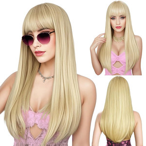 Longue ligne droite demi noir blanc perruque pour femmes synthétique Lolita Cosplay cheveux avec frange parfait pour Halloween fête blonde - Product Image 1