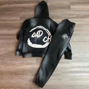 Personalizado bordado apliques desgastado Zip up ácido lavado chándal Unisex acampanado pantalones de chándal y sudaderas con capucha conjuntos chándales para hombres - Product Image 2