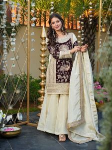 Vêtement ethnique indien Pur, en organza de soie et velours avec broderie lourde et travail de séquence, salwar kameez avec dupatta en organza - Product Image 5