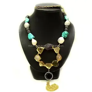 Druzy placcato oro 22Ct con vetro insieme a 2 ciondoli con nappe collana donna America Gift Chain Party Figure collane