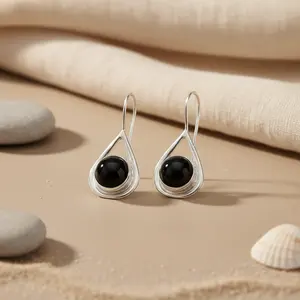 Boucles d'oreilles pendantes en argent 925 avec onyx noir pour femmes, boucles d'oreilles tendance - Product Image 1