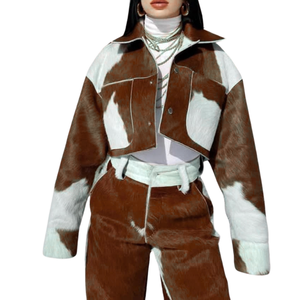 แจ็กเก็ตหนังวัวสำหรับผู้หญิงเสื้อแจ็กเก็ตหนังขนวัวแบบเปิดปิดคอเสื้อแขนยาวและซับในผ้าซาตินระบายอากาศได้ดี - Product Image 1