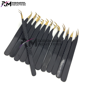 Eyelash Extension Tweezers Set Gold Plasma Tip And Black Powder Coated Color tweezer Diamond Grip And Card Box packing - Product Image 5