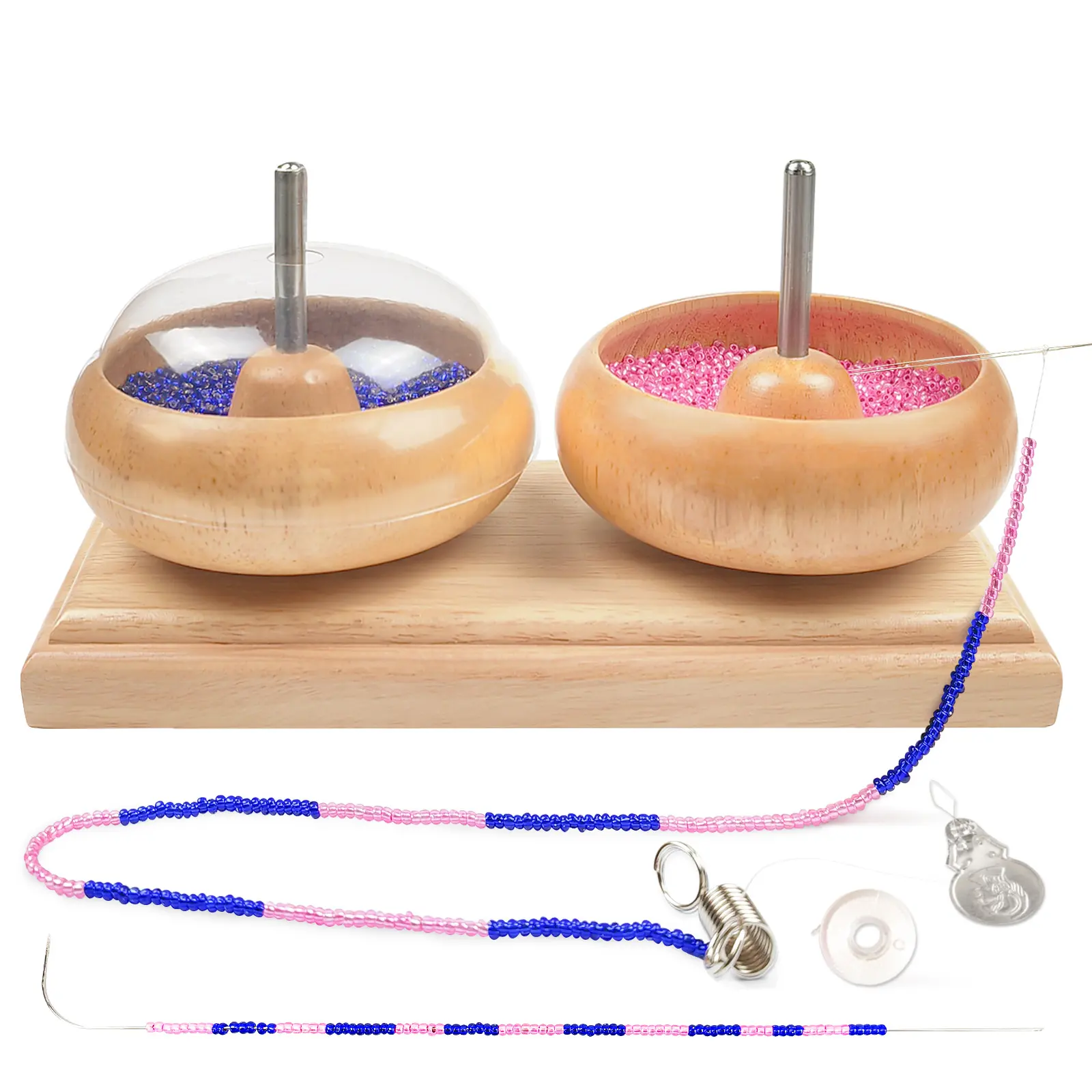 Wooden Bead Spinner Bowl with Big Eye Curved Needles Bead Bowl Spinner with Needles