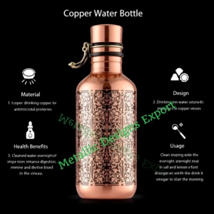 Botella de Agua Deportiva Ecológica de Cobre de 1000 ml con Diseño Floral, Grabado, a Prueba de Fugas, Beneficios Ayurvédicos para la Salud, Bebedero - Product Image 4