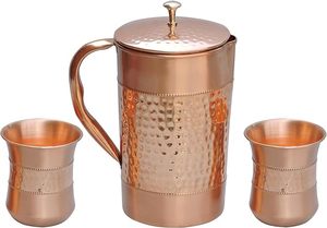 Pichet en métal en cuivre pur à moitié martelé de la meilleure qualité avec verre en cuivre pour boire des cruches d'eau en cuivre - Product Image 4