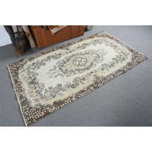 3.7x6.8 ft Rug, Turkish Vintage Rug, <b>Brown</b> White Abstract <b>Wool</b> Rug - Product Image 2