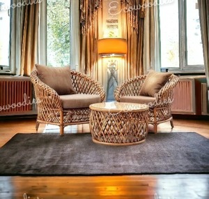 Nouveau Style Creative Rotin Osier Patio Canne Rotin Fauteuil Ensemble de 2 Avec Table pour Salon Balcon Étude Intérieur/Extérieur - Product Image 4