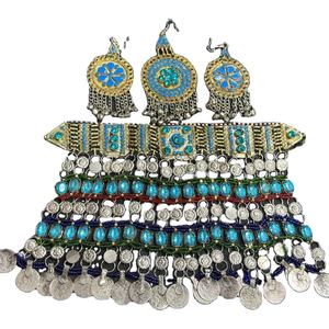 Conjunto de Collar y Pendientes Afganos Kuchi de Turquesa, Tamaño Personalizado, Joyería de Boda Multicolor de Alta Calidad, Chapado en Oro Antiguo para Fiesta - Product Image 1