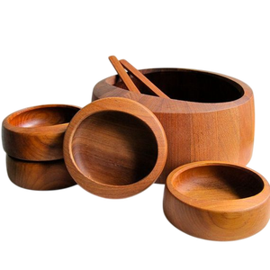 Ensemble de 4 bols de service ronds en bois faits à la main sans BPA écologiques comprenant fourchette et cuillère pour salade articles de fête en gros - Product Image 1