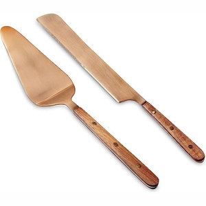 Juego de 2 Piezas de Cuchillo y Servidor para Pastel en Oro Rosa, Mango de Madera Rústico, Cortador de Postres, Herramientas de Alta Calidad para Servir Pasteles de Boda y Cumpleaños - Product Image 1