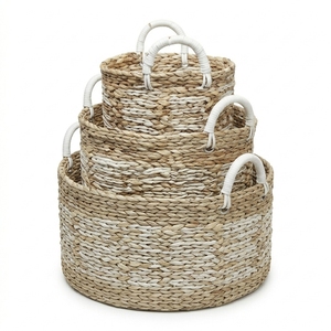 Juego de Cestas de Almacenamiento de Jacinto de Agua Tejidas a Mano Naturales con Asas Envolventes y Detalles Blancos, para Macetas, Lavandería y Decoración, Diseño de Arte Puro - Product Image 1