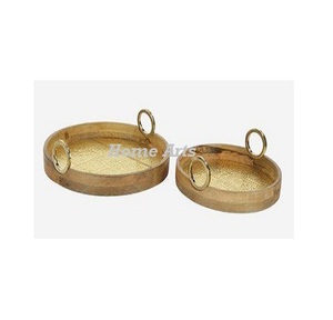 Set of 2 Different Sizes Food Serving Tray Round Size Wood Dates <b>Chocolates</b> Serving Tray With Metal Handles - Product Image 1