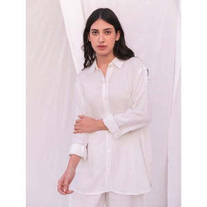 Conjunto de 2 Piezas para Mujer, Corte Holgado, Camisa de Manga Corta y Pantalones Color Marfil Sólido, Talla XS - Product Image 4