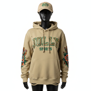 Sudadera con capucha de forro polar de 320 g/m² para mujer, cómoda mezcla de algodón, beige, con bordado floral en las mangas, logotipo personalizado, sudaderas básicas para mujer - Product Image 1