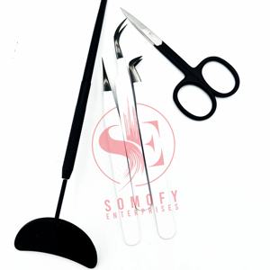 Juego de pinzas para extensión de pestañas de acero inoxidable disponibles, punta de fibra negra sobre base blanca, pinzas para pestañas Premium - Product Image 5