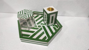 Plateau hexagonal décoratif en incrustation d'os jaune vif avec couvercle et support - Product Image 6