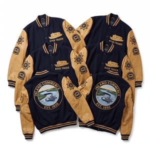 Chaqueta Letterman al por mayor, verde pino, cuerpo de lana, mangas de cuero crema, bordado de viaducto de montaña, abrigo universitario - Product Image 2