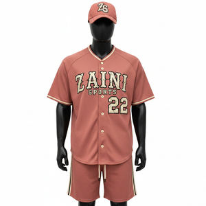 Ensemble short de baseball pour homme, jersey en polyester mesh de haute qualité, doux et respirant, couleur rose, logo brodé, ensemble short pour homme - Product Image 1