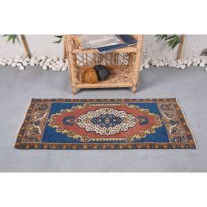 Tapis classique en laine Kilim bleu rouge 1.5x3.7 pieds Technique Jacquard faite à la main pour adolescent couloir rectangulaire motif d'entrée Latex - Product Image 1