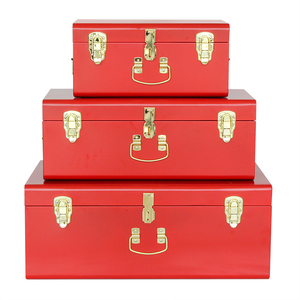 Red Metal <b>Storage</b> Trunk Set of 3 | Decorative Iron Suitcase <b>Box</b> with Gold Hardware | Crimson Living Room Organizer Chests - Product Image 3