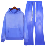 Ensemble de survêtement bleu délavé à l'acide pour homme, sweat-shirt polaire oversize et pantalon de jogging évasé, 100% coton, style streetwear