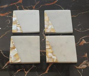 White Marble <b>Coaster</b> Set Square <b>Tiles</b> Natural Stone <b>Coasters</b> Mother Of Pearl Inlay Tea <b>Coasters</b> - Product Image 1