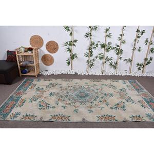 พรมวินเทจตุรกี ขนาด 5.3x10 ฟุต พรมขนาดใหญ่ สีเบจ-น้ำเงิน ลายอิคัต ทำจากขนสัตว์ - Product Image 2