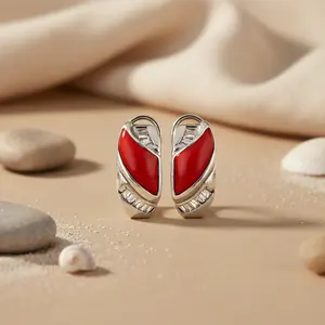 Boucles d'oreilles pendantes en argent et corail rouge pour femmes, bijoux à la mode - Product Image 3