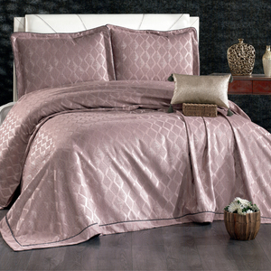 Ensemble de couvre-lit de luxe personnalisé Guzide Lalin en rose séchée, 4 pièces, 100% chenille, tissé rayé, lavable, anti-acariens - Product Image 1
