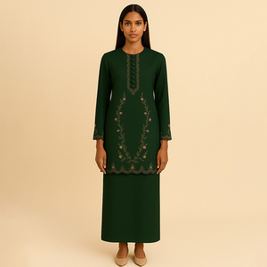 Broderie deux pièces modeste Baju Kurung ensemble Style floral fait à la main et respirant pour les mariages Ramadan et Eid grande taille - Product Image 1