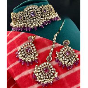 ชุดเครื่องประดับชุบทองคุณภาพสูงแบบคลาสสิก ประดับด้วยหินคุนดัน ดีไซน์แบบโชคเกอร์ พร้อมต่างหู สำหรับงานแต่งงาน คอลเลคชั่นสำหรับผู้หญิง - Product Image 1
