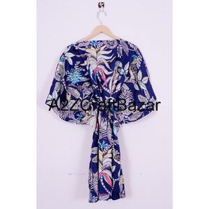 Kaftán Corto Hecho a Mano en India con Estampado Floral, Ecológico, Lavable, Ropa de Dormir Natural, Kimono, Vestido, Cubrebaño Corto para la Playa - Product Image 5