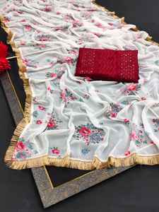 Última colección de 2024, la más hermosa, Georgette, estampado Floral, Sari, bordado, secuencia, trabajo, diseñador, blusa, pieza, bodas - Product Image 6