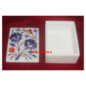 Beau marbre blanc fait à la main avec une finition fine et une boîte de rangement de bijoux de travail en incrustation de fleurs de forme rectangulaire polie lisse - Product Image 2